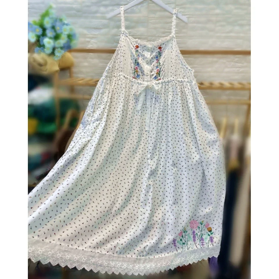 

Summer Cotton Floral Embroidery Spaghetti Straps Midi Dress for Women Vintage Retro Shabby Chic Cottage Core Mori Girl Sundress