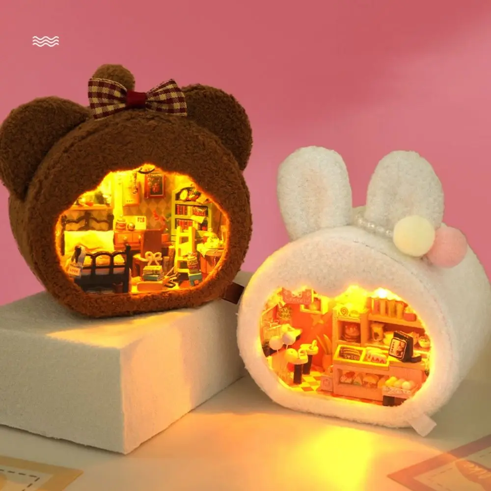 Handmade DIY Mini Wooden Dollhouse LED Lamp Craftsmanship Assembling Room Models Warm Glow Plush Cute Miniature Building Toys