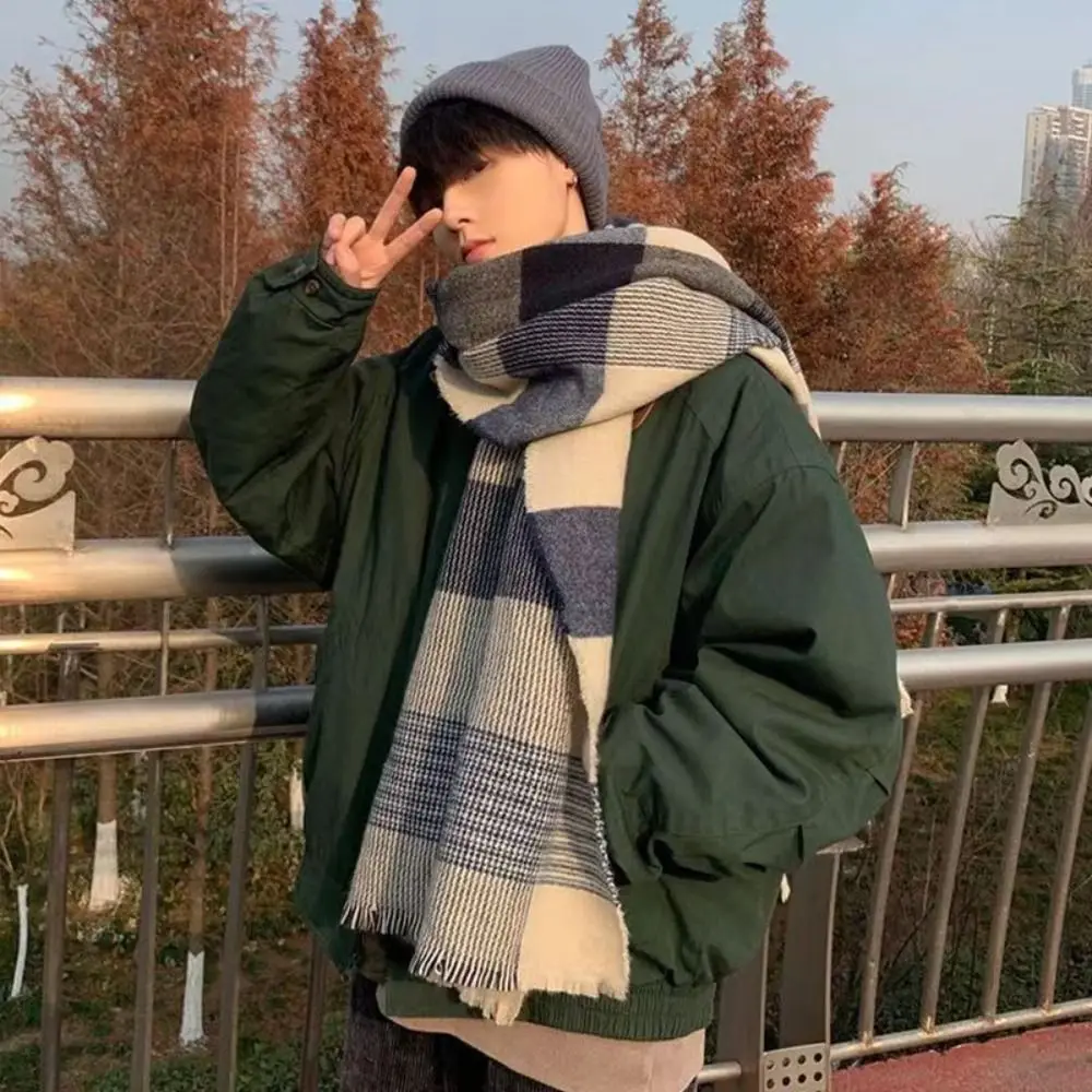 

Модный корейский мужской клетчатый шарф, повседневный утепленный зимний клетчатый шарф, длинный теплый клетчатый шарф, подарки