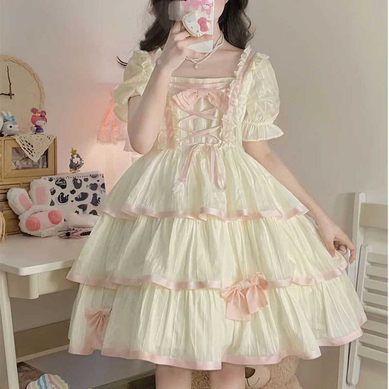 Victorian Princess Lolita OP Dress Fairy Birthday Wedding Women Sweet Bow abiti a maniche corte ragazze Cute Party Vestidos