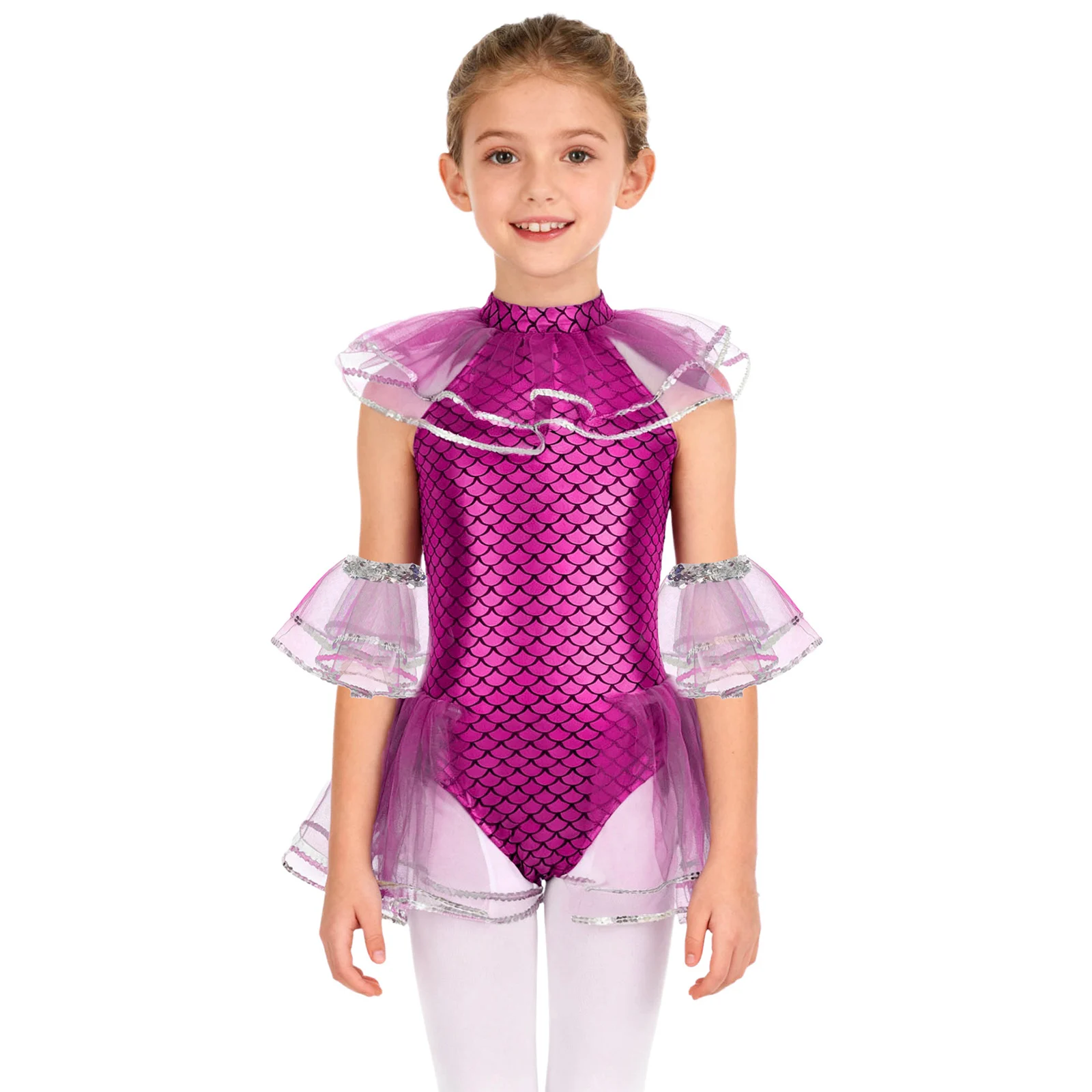 Children Girls Shiny Fish Scale Sequin Ballet Dance Leotard Mermaid Mesh Skirted Bodysuit Carnival Christmas Cosplay Costume
