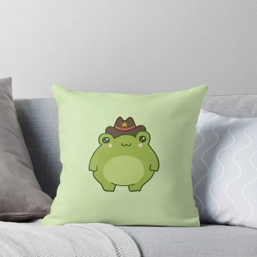 Cute Sheriff Frog with Cowboy Hat: Kawaii Cottagecore Aesthetic, Perfect for Teen, Pastel Chubby Cowgirl and Wester Throw Pillow