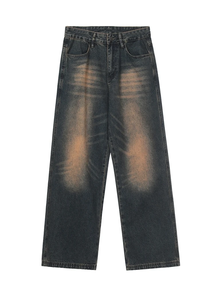 

American High-End Casual Men's Wide Leg Jeans Vintage Waed Floor-Length Trousers Straight Cut Loose Fit Teenager Autumn Spring