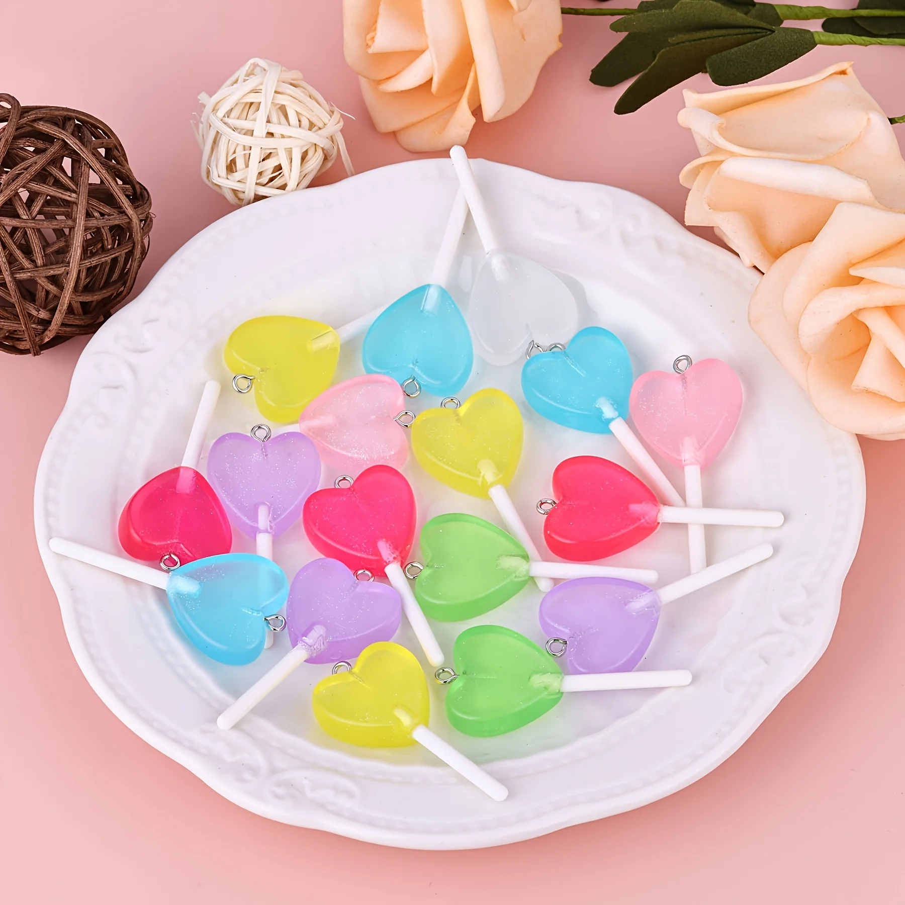 10Pcs Random Mixed Color Heart Shape Lollipop Charms Luminous Resin Pendants for Jewelry Making DIY Handmade Necklace Keychain - Image 2