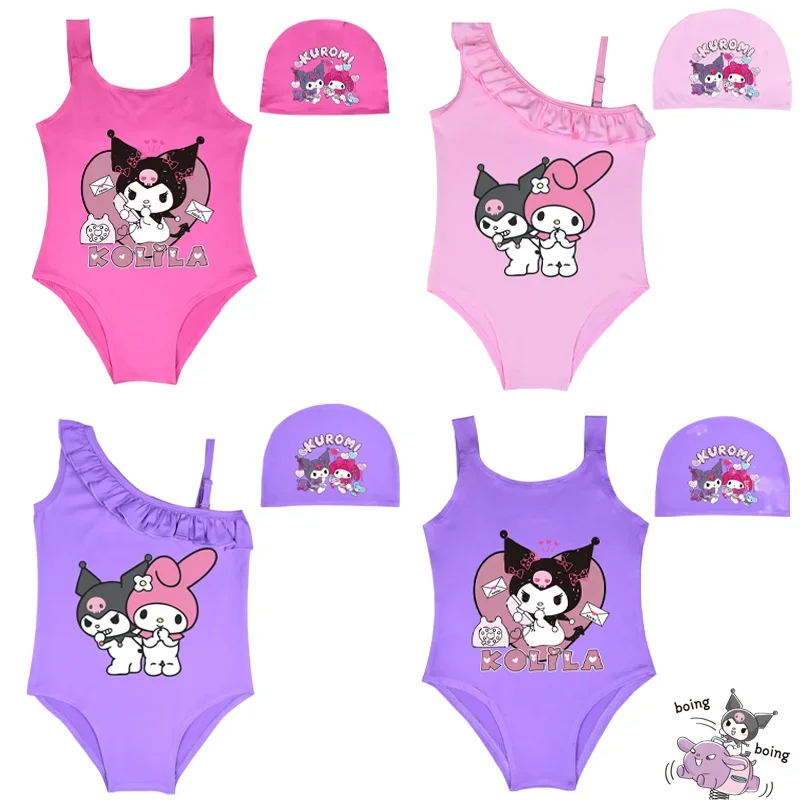 

2023 Kuromi My Melody Swimsuit with Swimming Cap Kawaii Cartoon Summer Sanrio Children Girl Sport Swimwear Bathing Suit Gift Toy