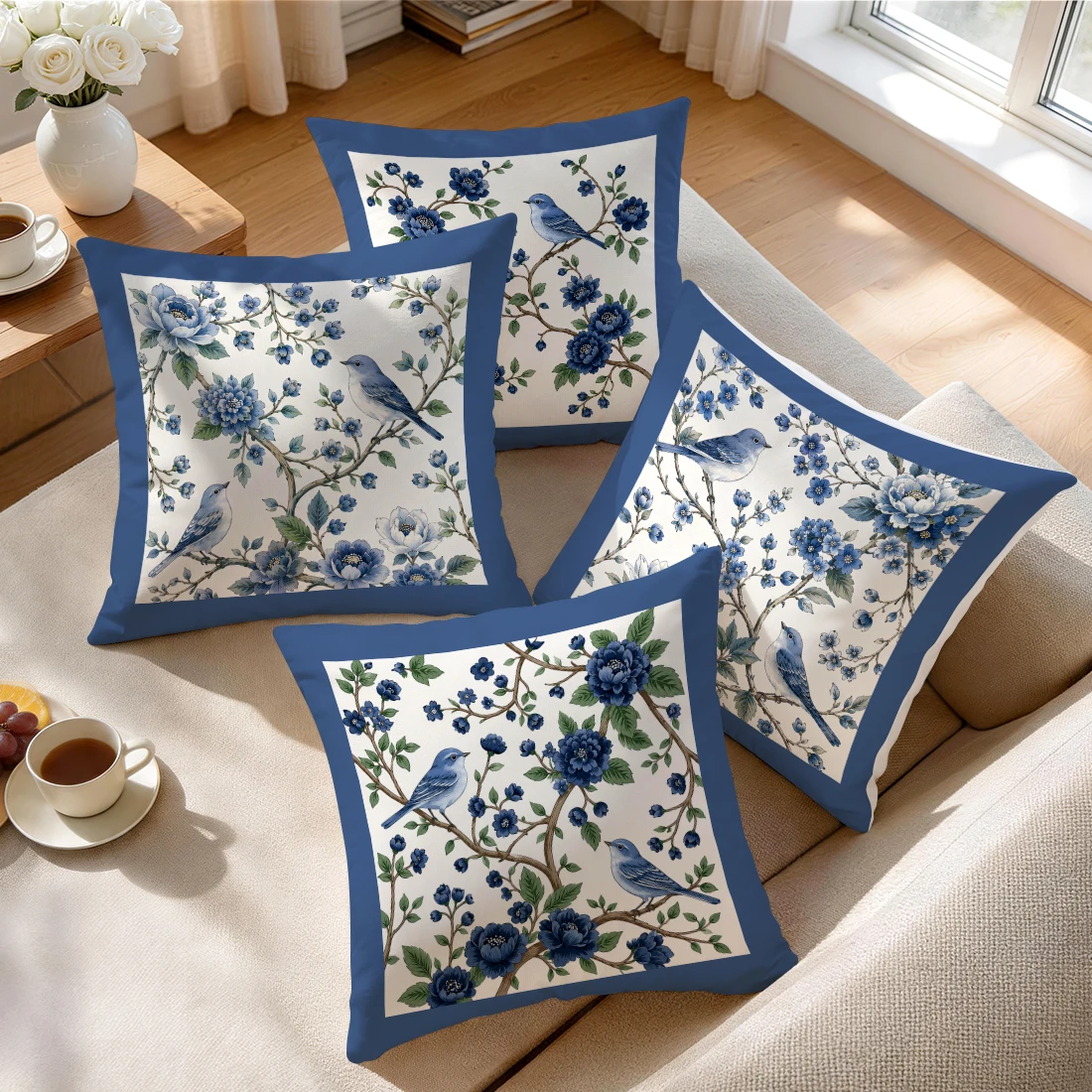Blue White Porcelain Blue Flower Bird Cushions Pillowcase Polyester Cushion Cover Throw Pillow Pillowcover Home Car Sofa Decor