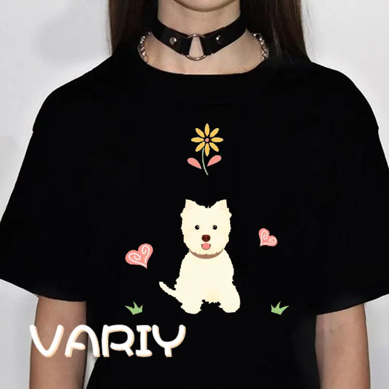 Westie West Highland White Terrier Print T-shirt Women Summer Loose Short Sleeved Animal Oversized Top Tee Couple Streetwear