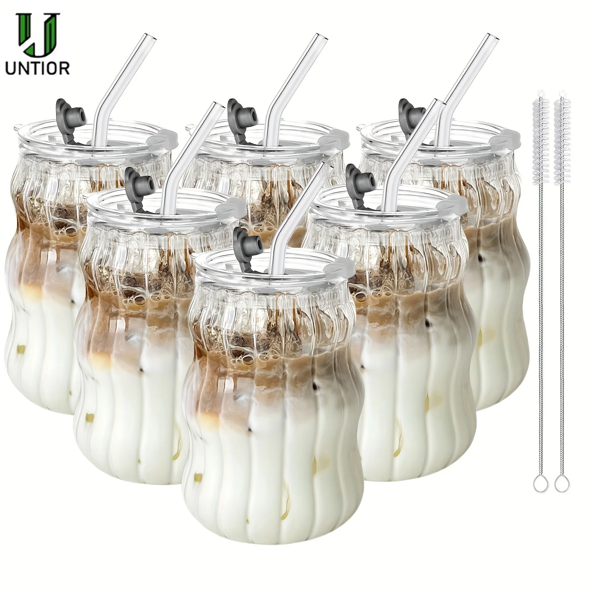 2/4 Stück Glasbecher mit vertikalem Muster, Strohhalm und Deckel – wiederverwendbar, spülmaschinenfest, für Eiskaffee, Latte, Wasser, Matcha-Saft