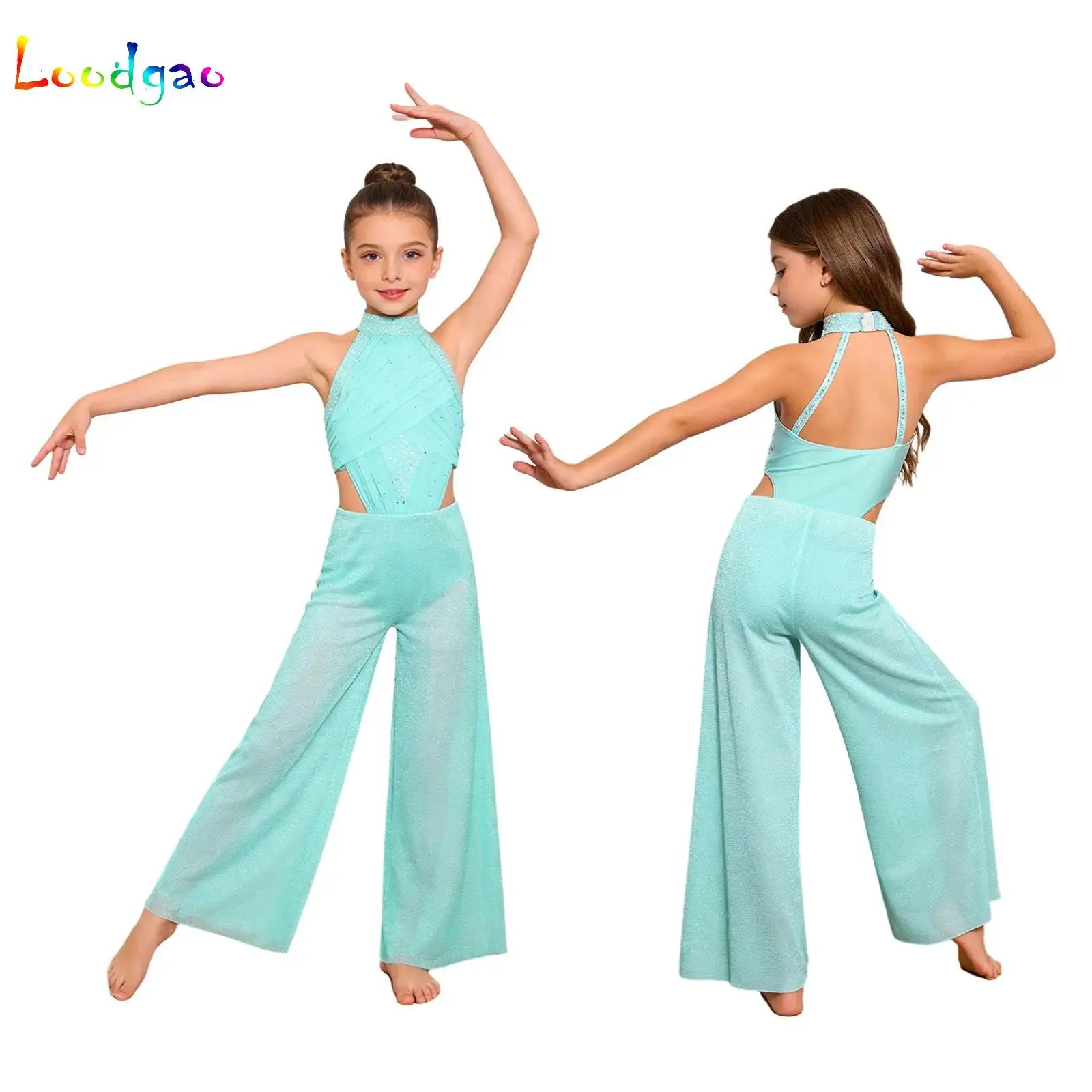 

Kids Girls Lyrical Dance Ballet Jazz Skating Jumpsuit Sleeveless Cutout Shiny Rhinestones Bodice Wide-Leg Bodysuit Costume