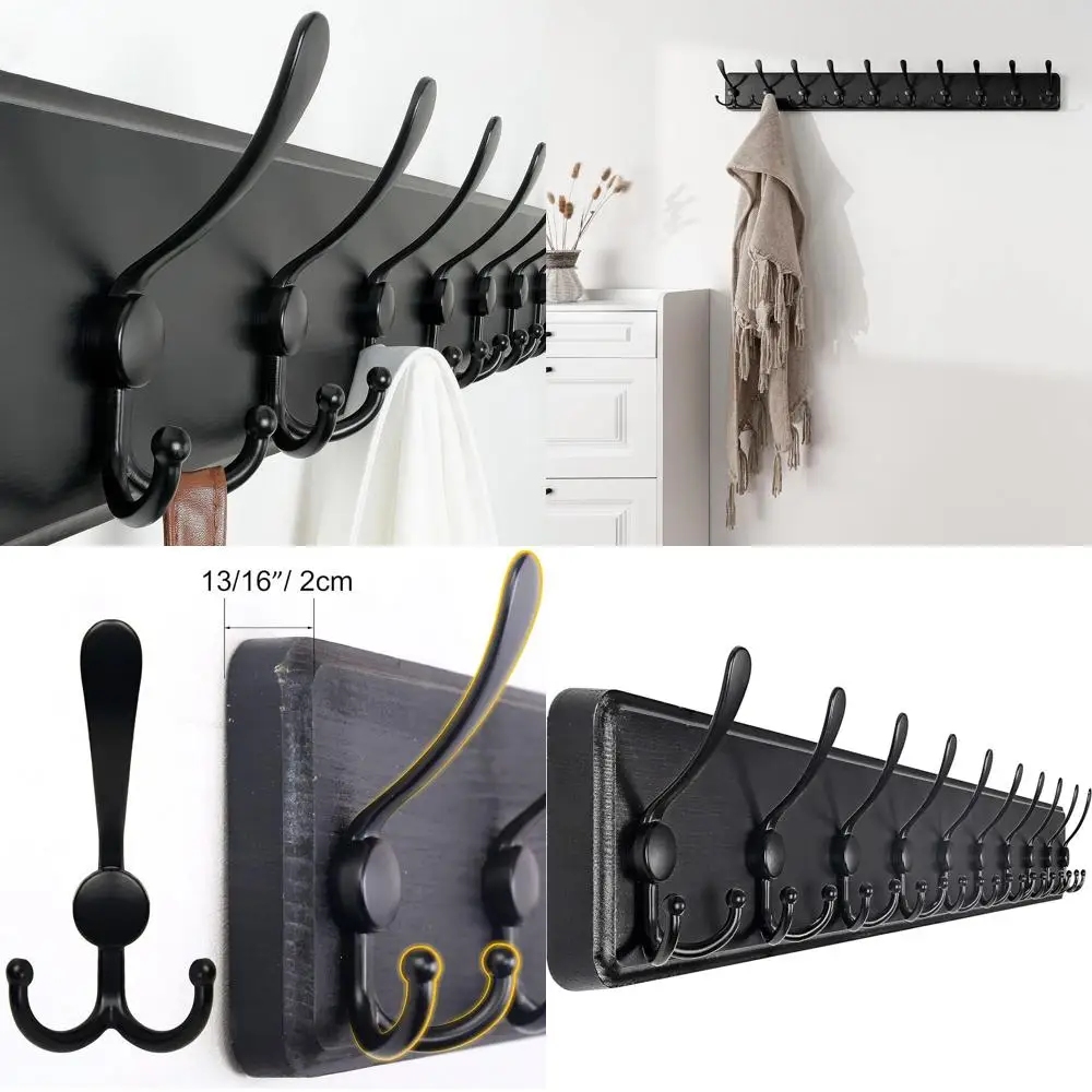 

Деревянная настенная вешалка в деревенском стиле с 10 тройными крючками для одежды, курток и головных уборов (черная)