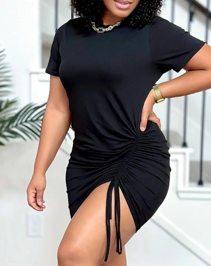 Casual Women's Black Dresses 2024 Autumn Women's Round Neck Short Sleeve Side Drawstring High Waist Midi Dress Bodycon Dresses