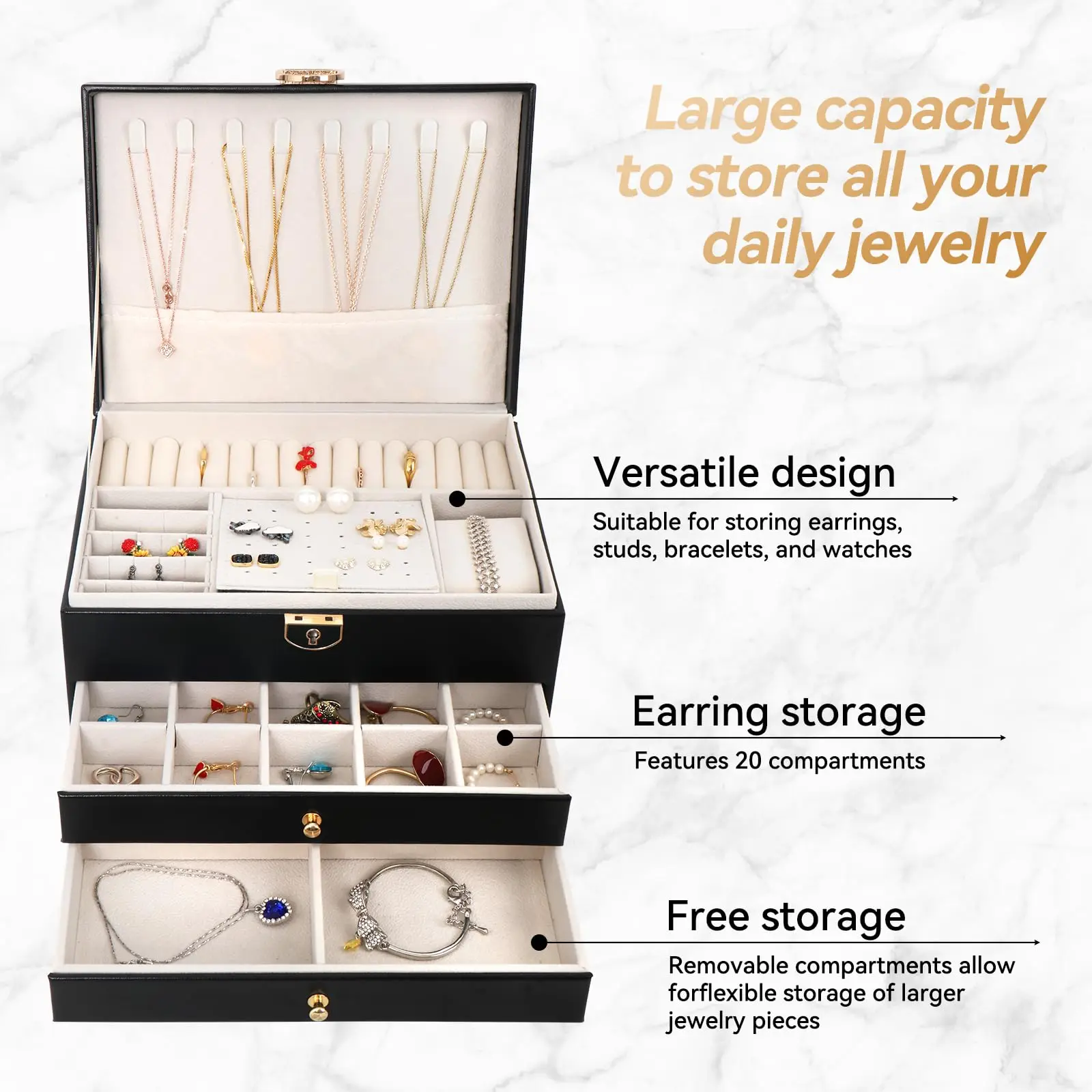 Large Jewelry Organizer Storage Box Multi-Layer case Exquisite Necklace Earring Leather Jewelry Storage Packaging Display Boxes