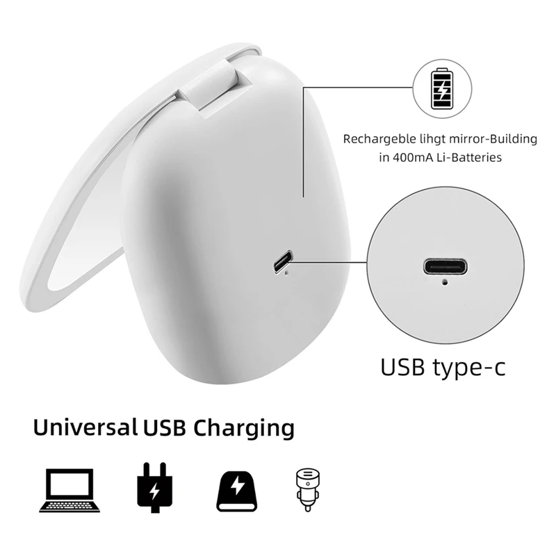 LED 조명 장착 포켓 확대 메이크업 거울, 양면 충전식 터치 스크린, 3.5 인치, 10X 배율