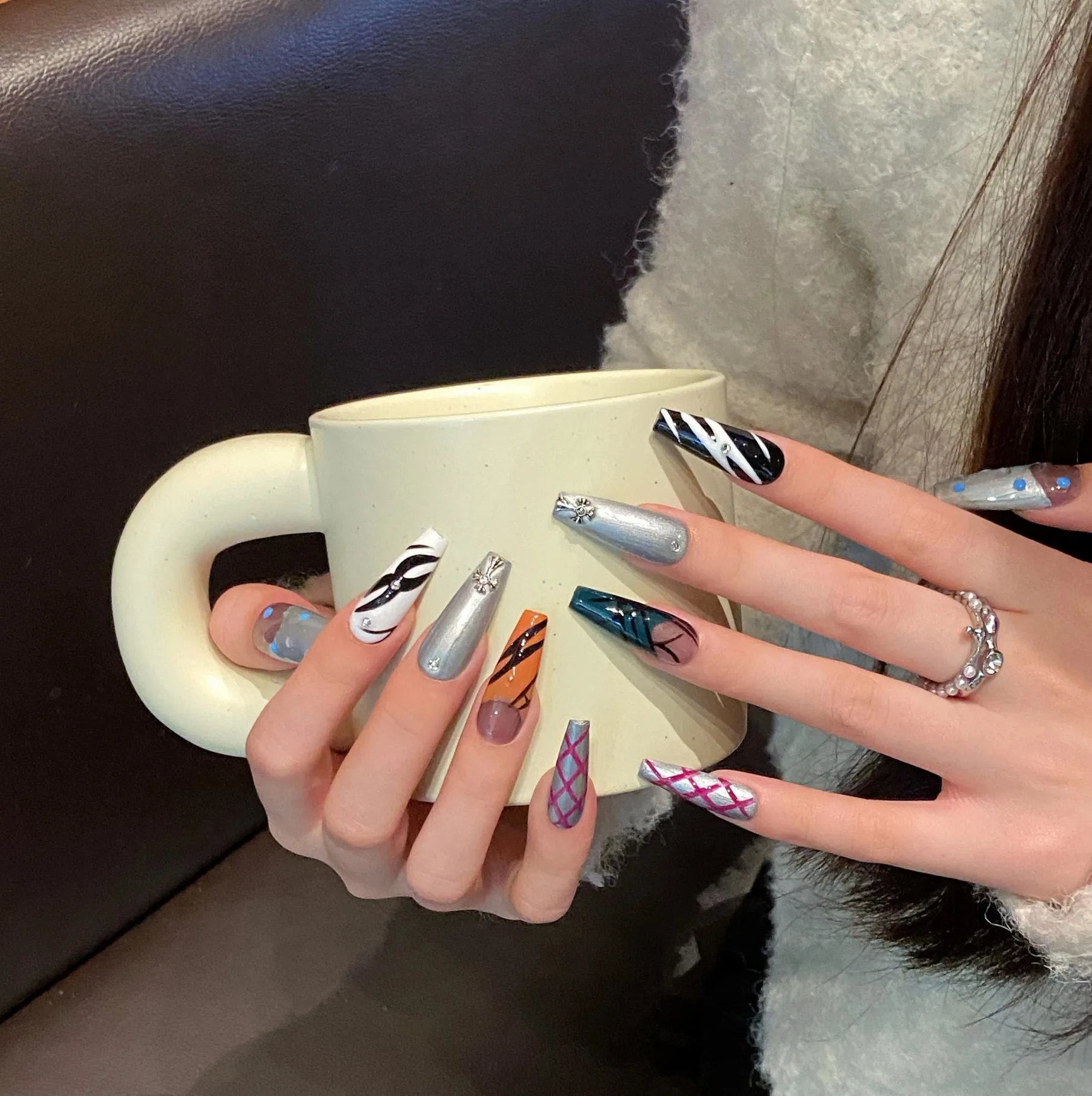 

10PCS Handmade Y2K Press On Nails French Long Ballerina Glittery False Nail Tips Acrylic Reusable Fake Nail For Spice girl