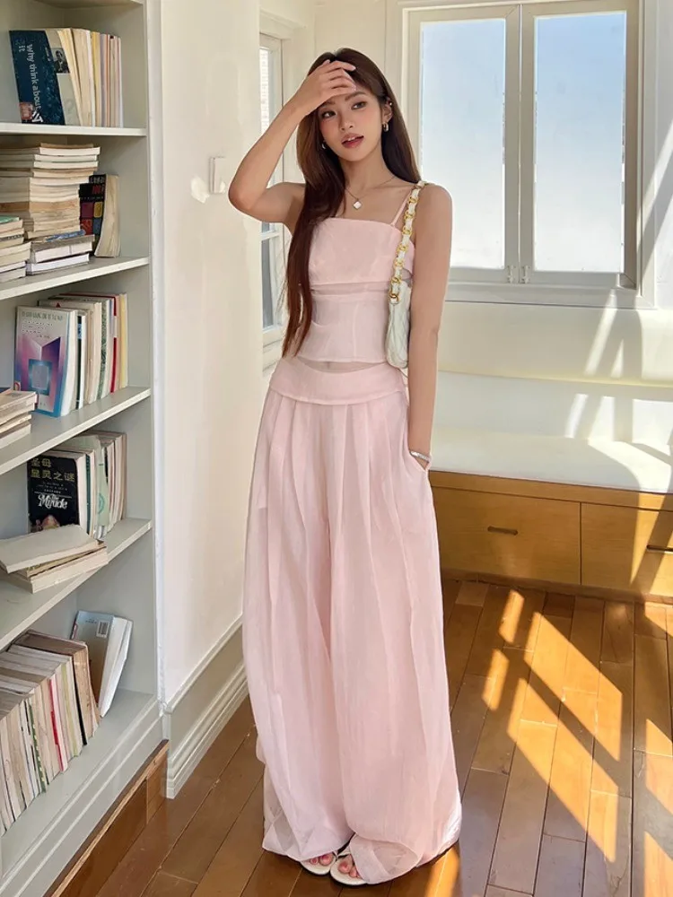 

Summer 2026 Women's Casual High Waist Wide Leg Pants Two-Piece Set Pink Strapless Crop Top Breathable Comfortable Fashion Ens...