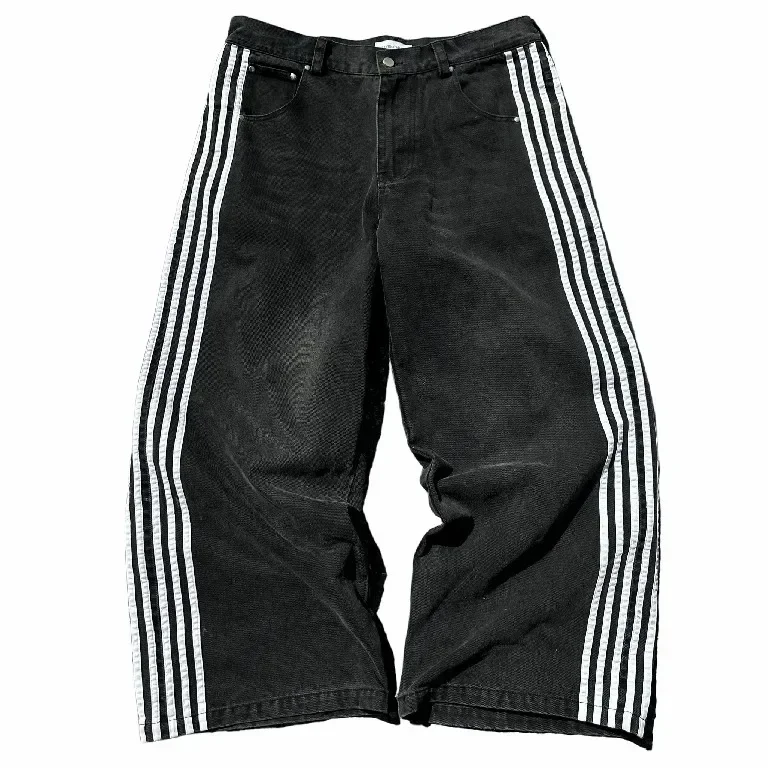 Jeans Baggy com gráfico listrado para homens e mulheres, cintura alta, calças de perna larga, roupas góticas, preto, Hip Hop, Harajuku, Y2K