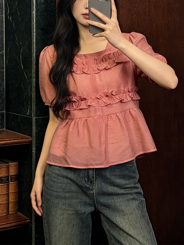 

Summer New plus Size Design Sensation Short Sleeve Women's Chiffon Shirt Beautiful Lace Doll Shirt Top Korean Style Bubb...