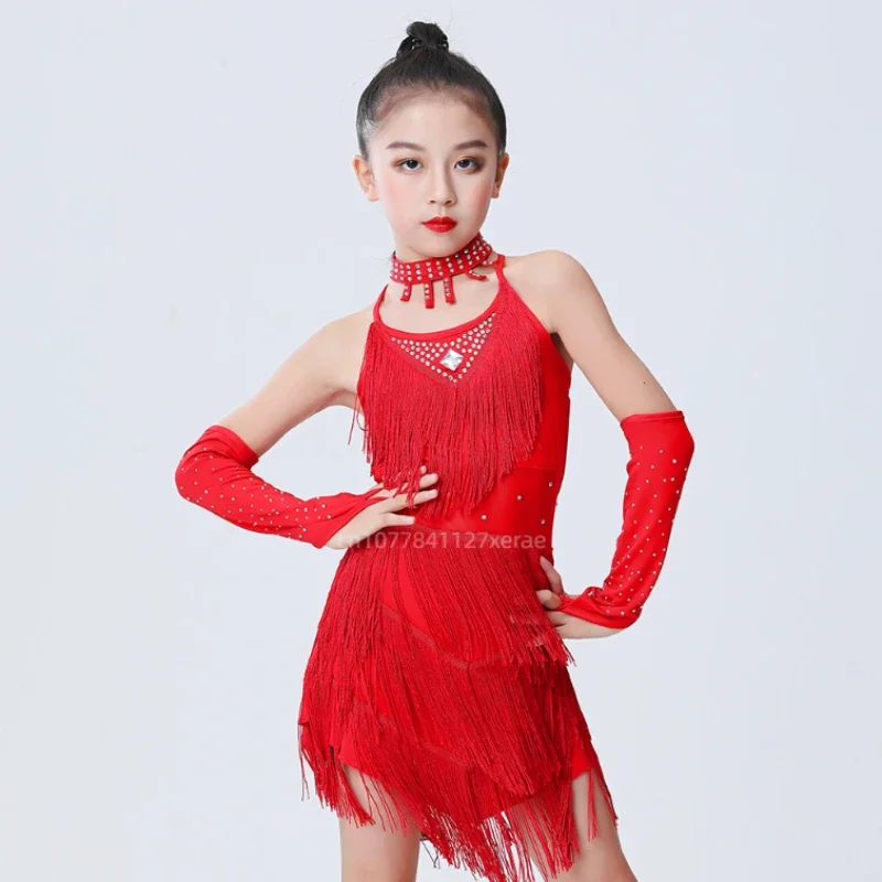 子供用ラテンダンス衣装 タッセル スパークリングダイヤモンド コンペティション 女性と子供用ダンス練習パフォーマンス衣装
