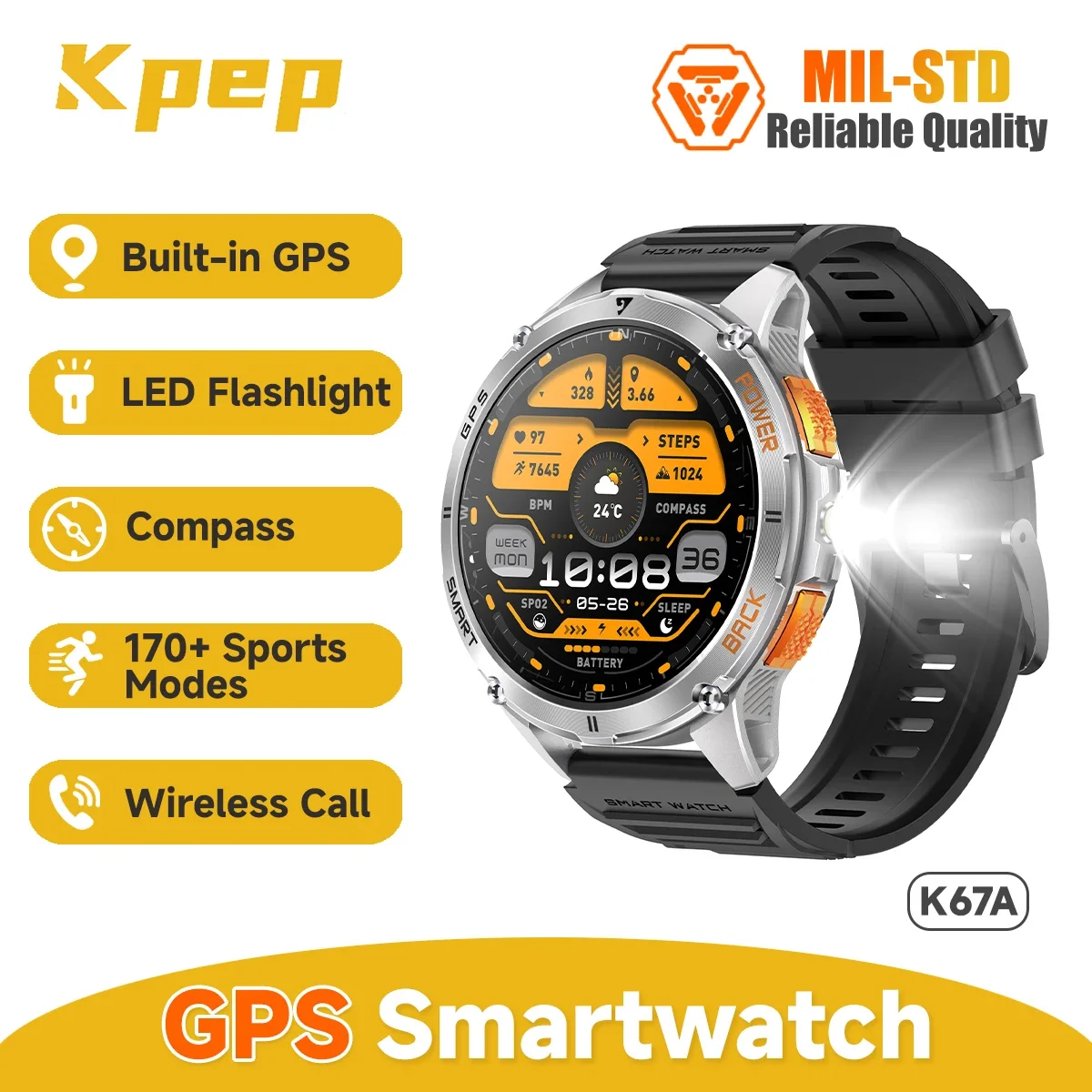 

KPEP Rugged Military GPS Smart Watch Men Flashlight Compass 1.43'' AMOLED Display Heart Rate Wireless Call Waterproof SmartWatch