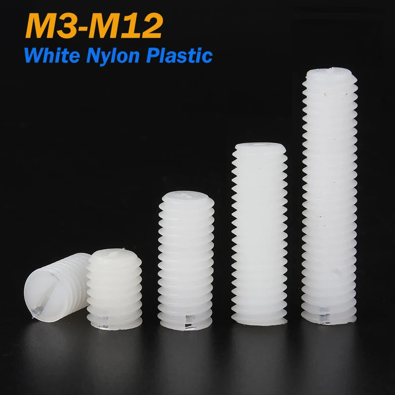 1-50pcs White Nylon Plastic Slotted Headless Set Screws M3 M4 M5 M6 M8 M10 M12 Insulated Slotted Drive Set Bolt Length 4-50mm
