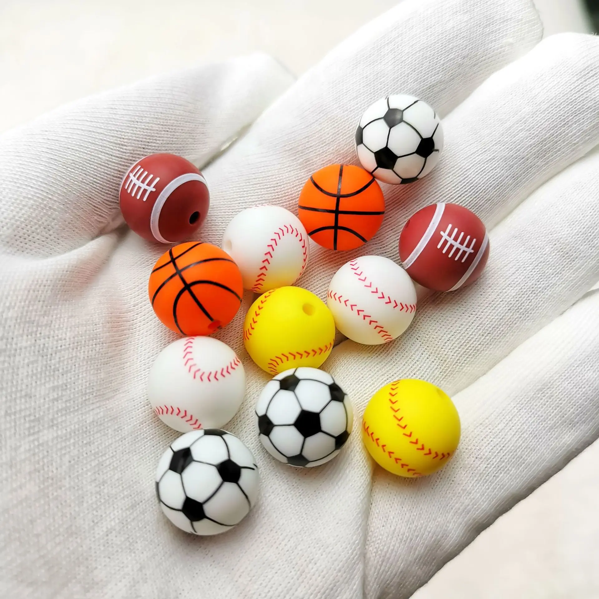 50Pcs 12MM Printed Silicone Beads Soccer Baseball Tennis Basketball Food Grade DIY Bracelet Keychain Jewelry Accessories