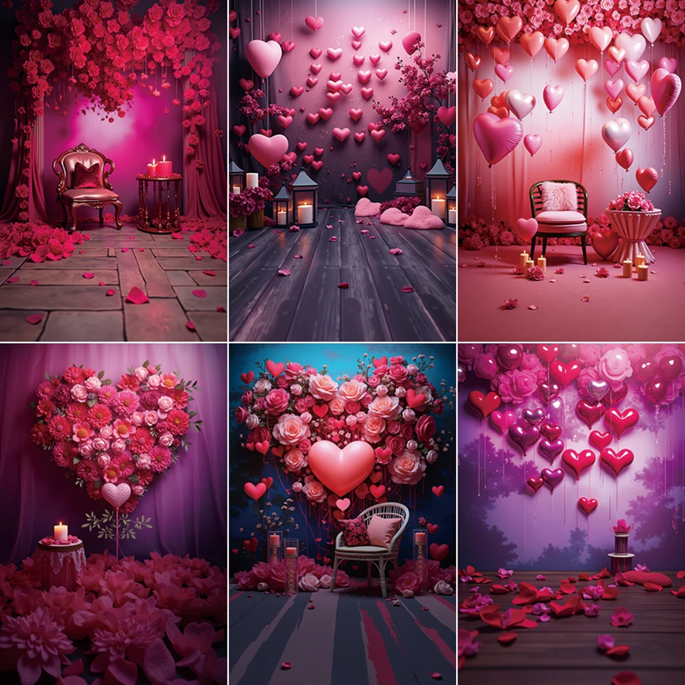 MOON.QG Happy Valentines Women Party Photocall Backdrop Heart Balloon Pink Red Flower Background Birthday Decor Photography Prop