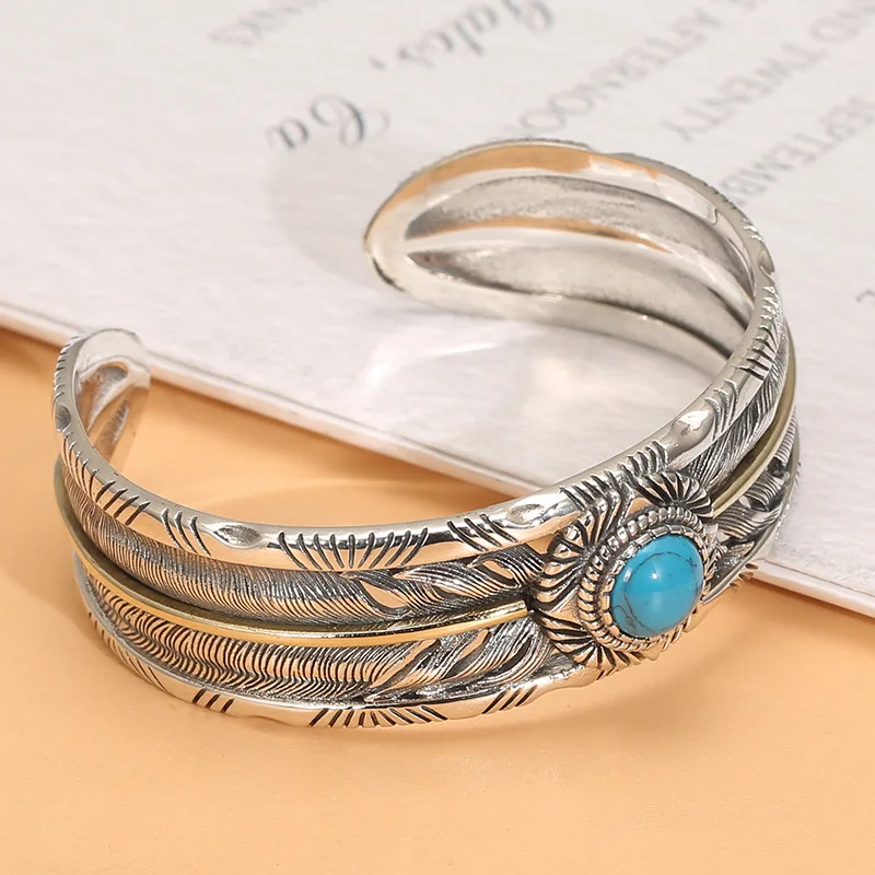 925 sterling silver japanese style feather bracelet men's fashion internet celebrity bracelet stylish distressed silver bracelet