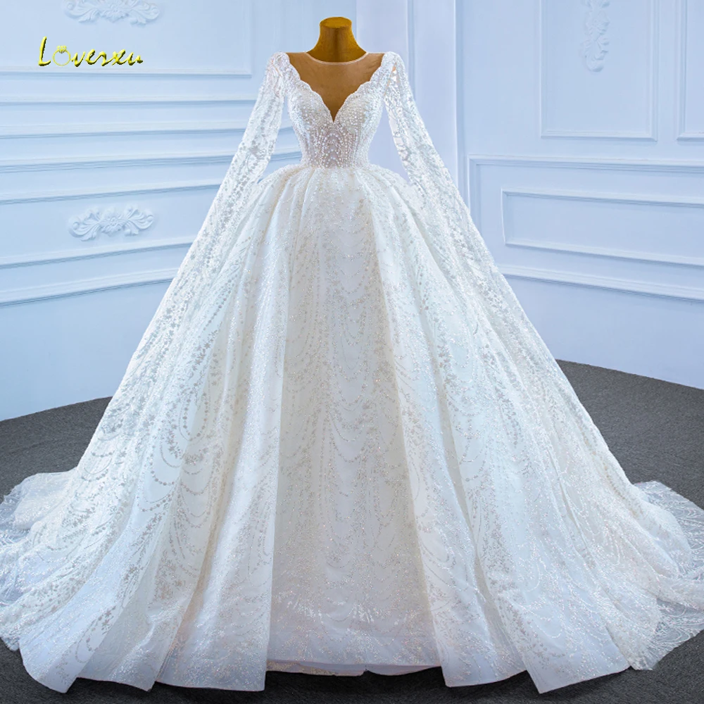 Loverxu Ball Gown Charming Wedding Dresses Sweetheart Long Sleeve Vestido De Novia Lace Pearls Elegant Custom Made Bridal Gown