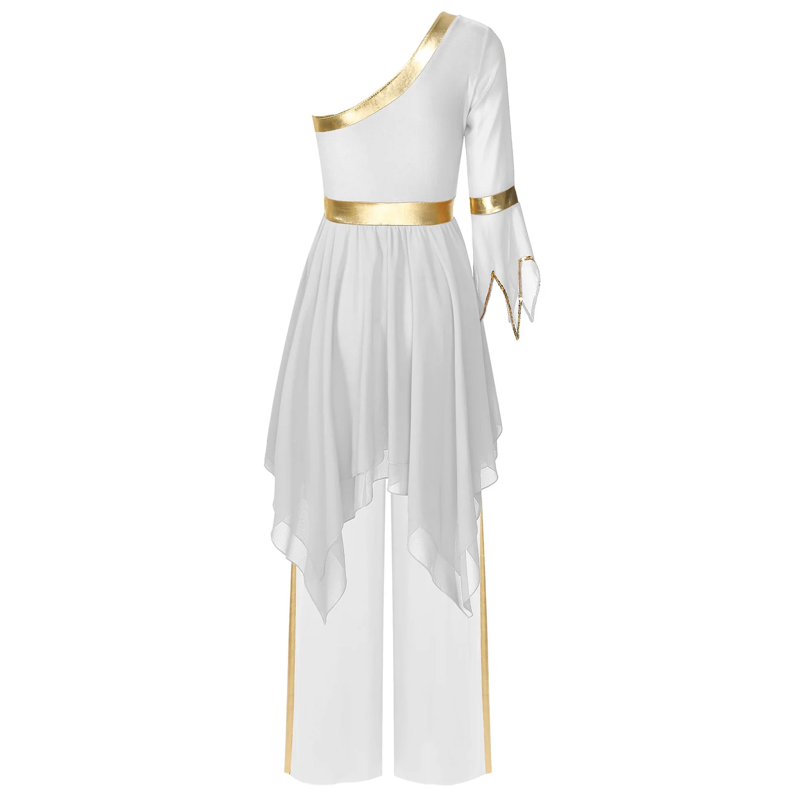 Womens Worship Church Choir Dance Dress One Shoulder Flared Sleeve Praise Dress with Wide-Leg Pants Liturgical Dance Outfit