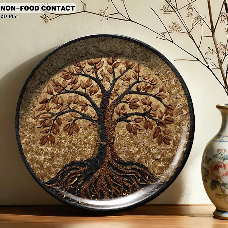 1 Stück Goldener Baum Keramik-Dekorplatte - Runde Wandplatte mit Geprägtem Goldenem Baumzweig & Rinde, Geeignet für Wohnzimmer