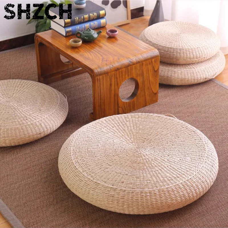 Thickend Grass Woven Meditation Stool Japanese Tatami Floor Mat Yoga Pad Tea Ceremony Seat with Handles Non-Slip Round Stools
