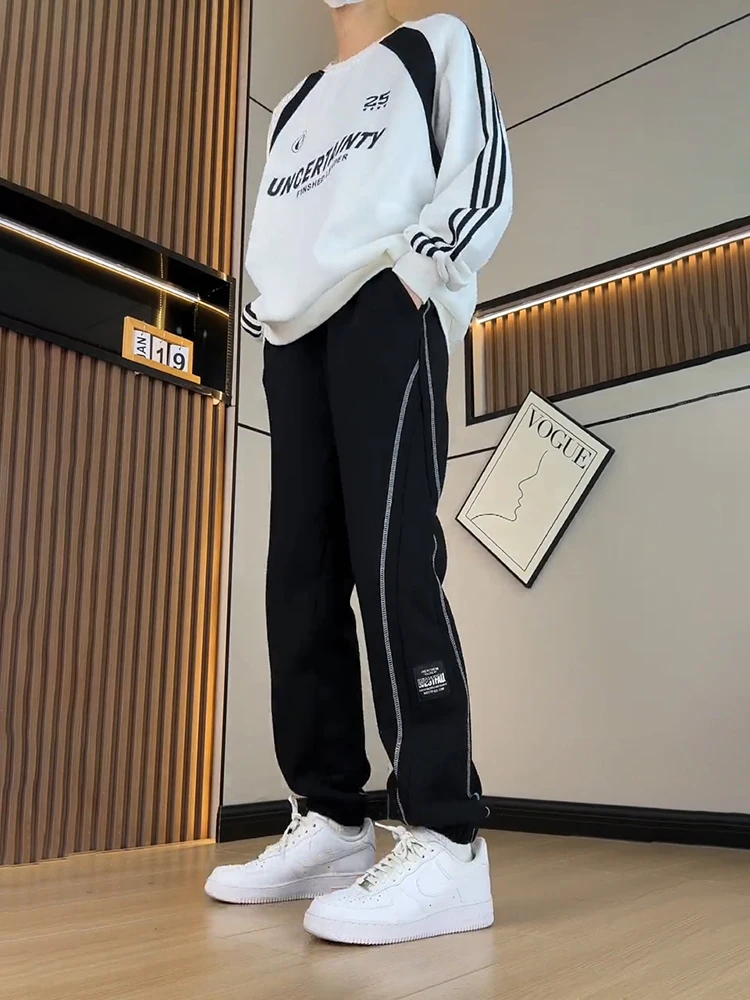 Tall Men's Fce Lined Sports Pants Loose Fit Casual Trousers American High Street Sle Autumn Winter Long Trousers