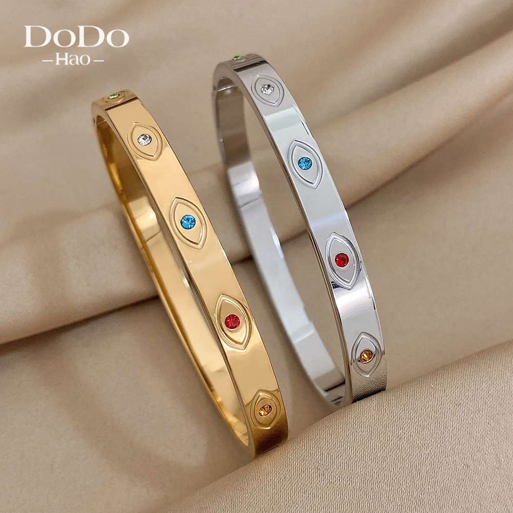

DODOHAO Vintage Simple Lucky Evil Eye Colorful Zircon Stainless Steel Bangle Bracelet for Women Gold Color Cuff Charm Bracelets