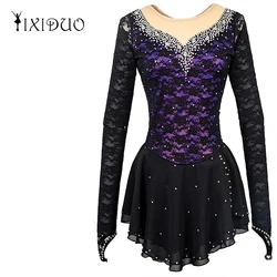 Women's Girls Costume Performance Gymnastics Ballet Competition Leotard Ice Figure Skating Dress Black Teens Adult Velvet