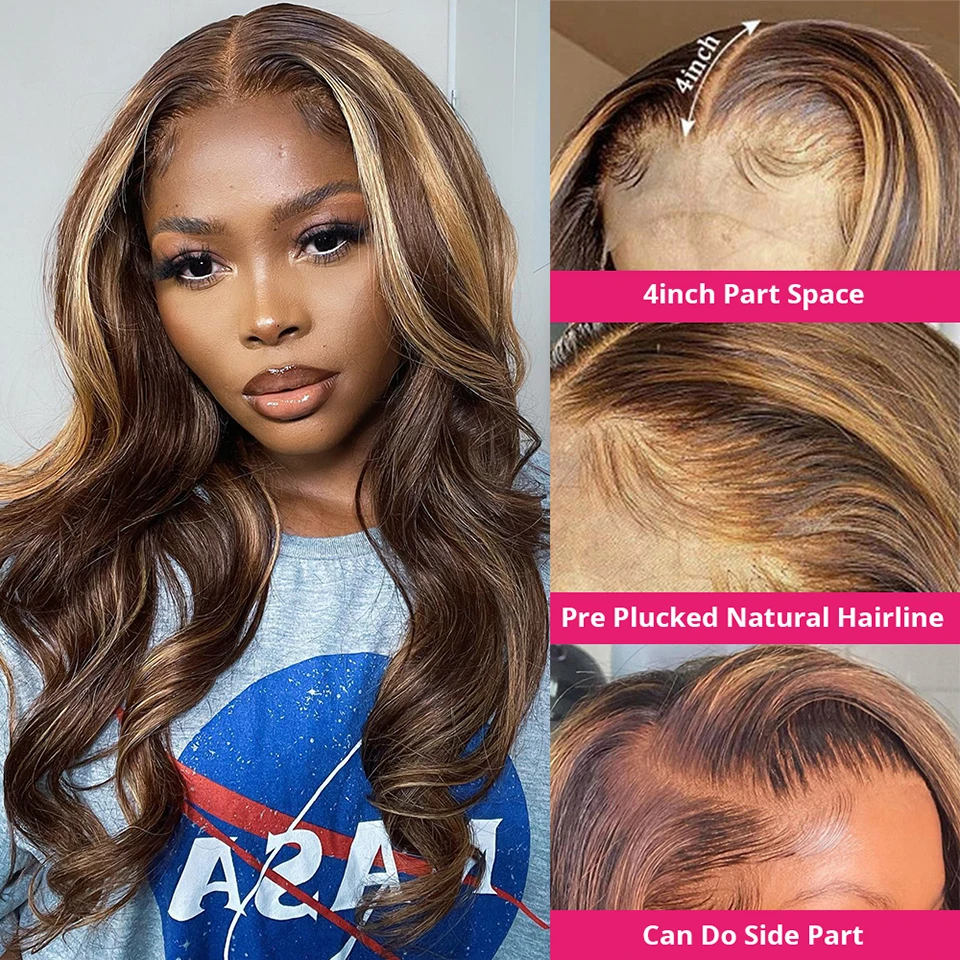 Highlight 13x6 Lace Frontal Wig Human Hair Body Wave 13x4 Hd Lace Front Wig For Women 4/27 Blonde Ombre Brown Colored Wig 36Inch image 5