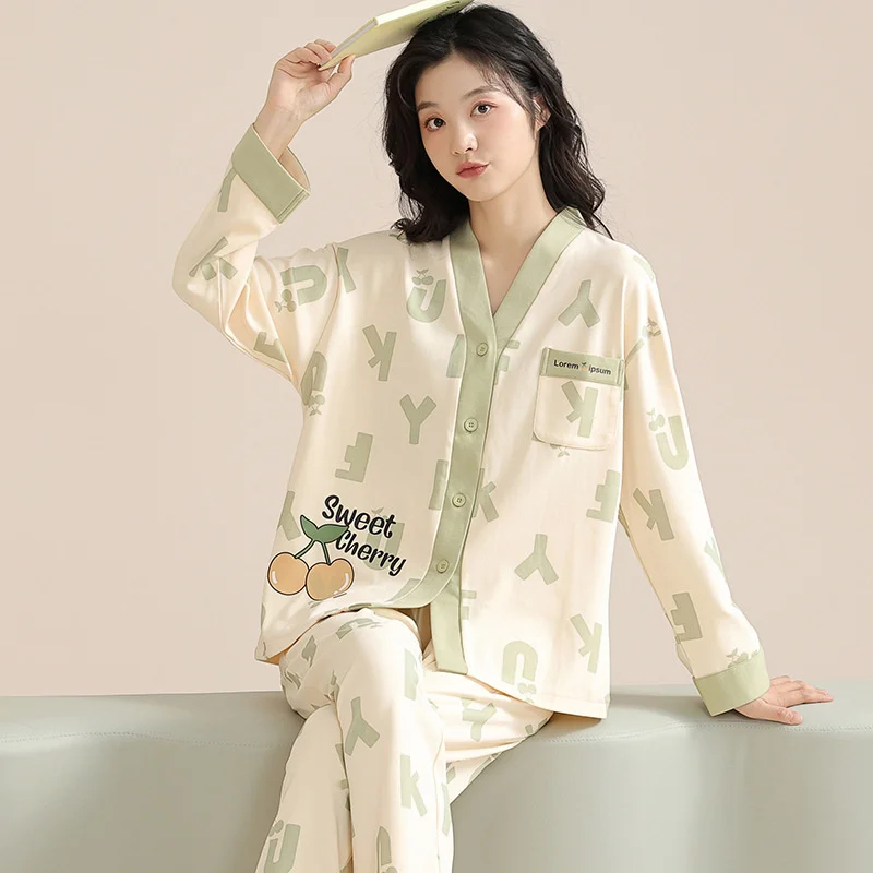 Cute Women Pajamas Autumn Winter Faux Cotton Sleepwear Kimono V-neck Home Suits Nightwear Long Sleeves Sweet Pajamas