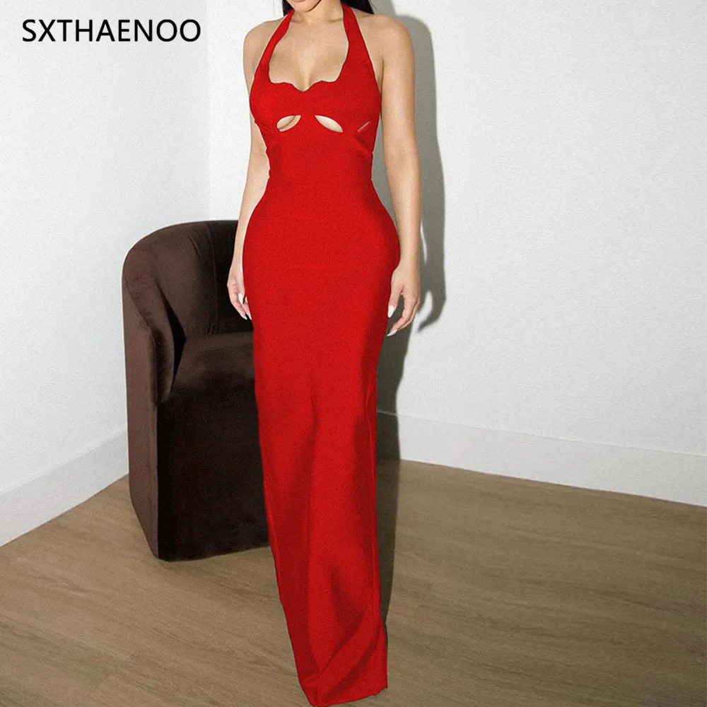 SXTHAENOO Neue Bandage Langes Kleid Schwarz Elegante Reiche Frauen Neckholder Herzförmige Büste Cut Out Backless Split Maxi Kleid 2025