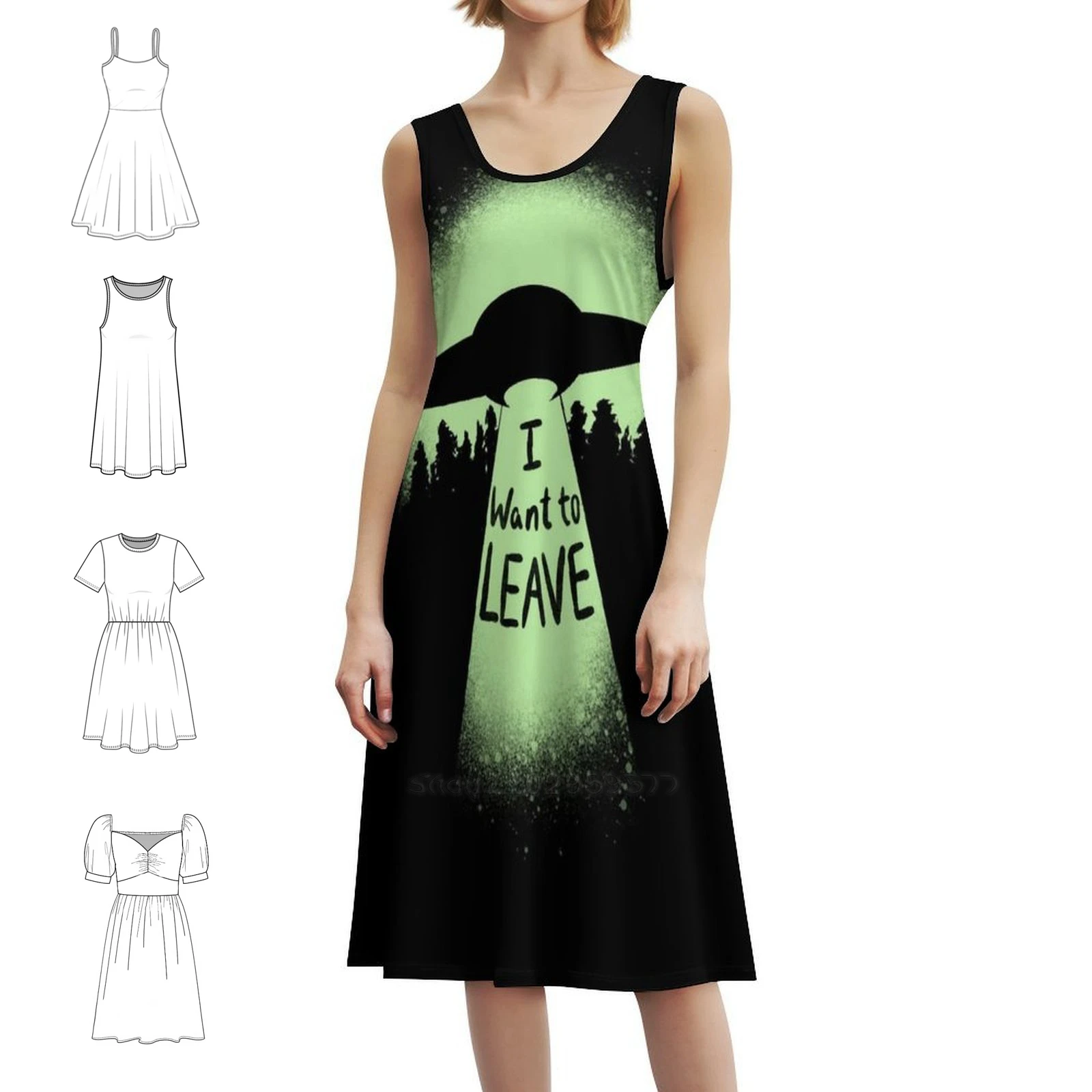 أريد أن أترك فستان الحفلات الأنيق للنساء على شكل حرف A مع خيارات قصيرة/طويلة/بدون أكمام خارج الأرض Ufo طبق طائر #1