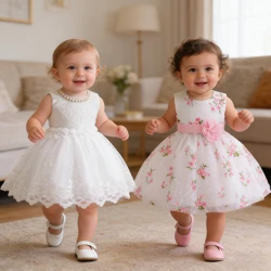 Baby Girls 1 Year Birthday Princess Party Flowers Baptism Dress Infant Embroidery Floral Sleeveless Costume Newborn Kids Clothes