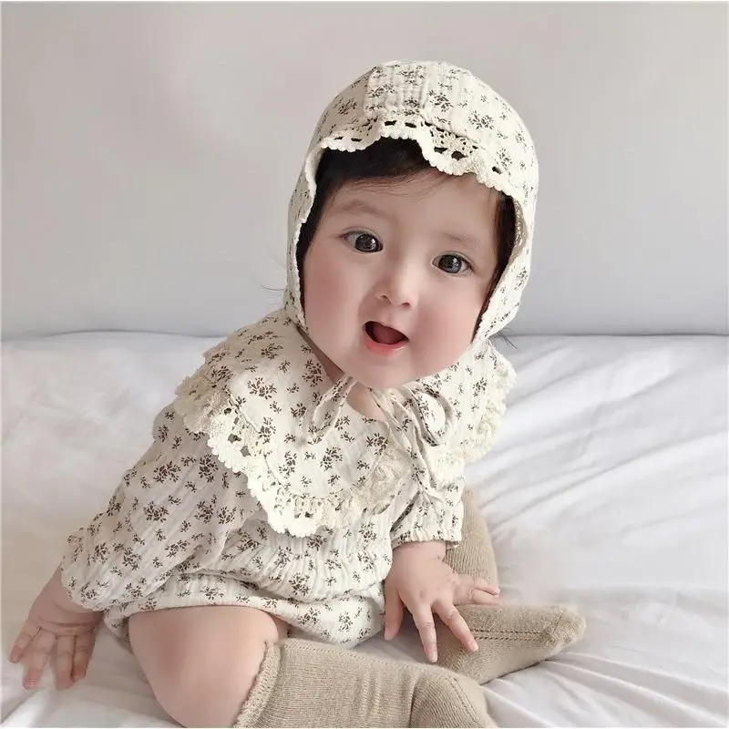Baby-Mädchen-Strampler mit Blumenmuster, Spitzen-Peter-Pan-Kragen, Langarm-Bubble-Body mit Haube, Weiches, Atmungsaktives Outfit für Frühling und Herbst – Detail 8