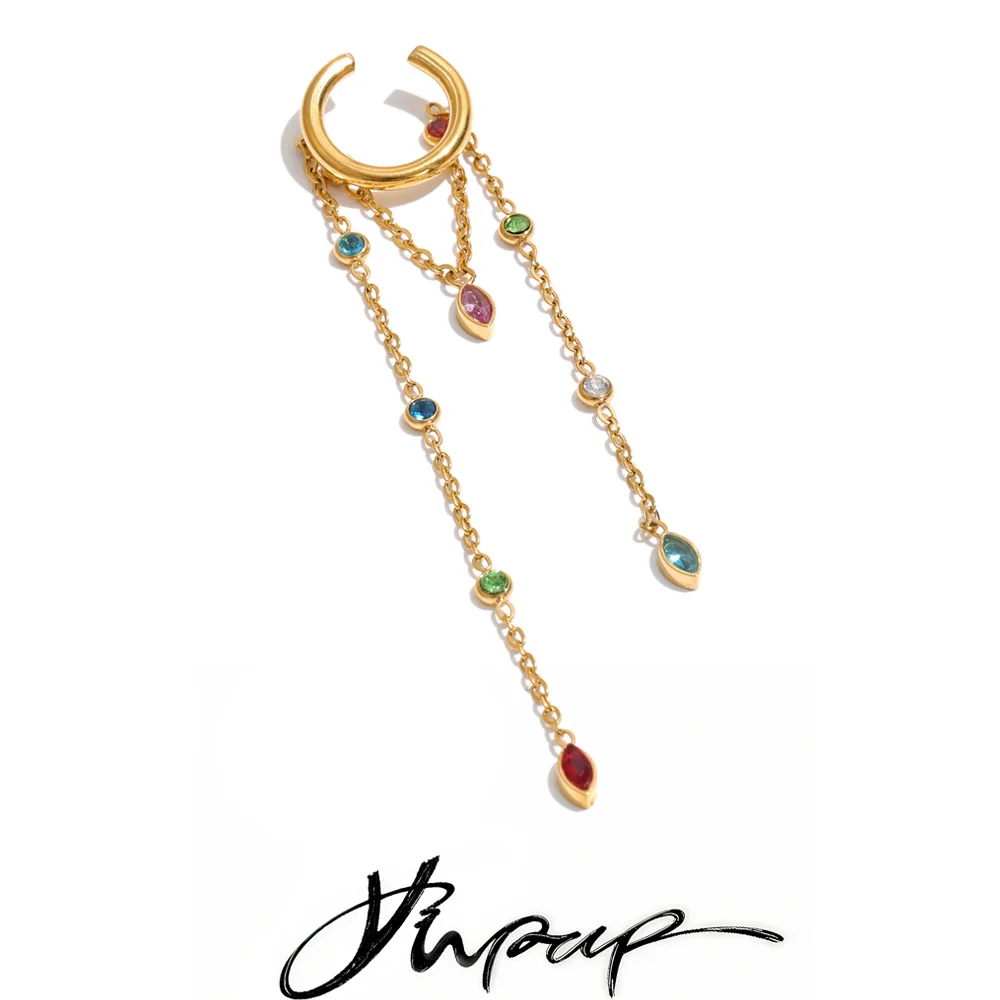 Yhpup 1 Stück Edelstahl Zirkon Lange Kette Ohrclip-Ohrringe Quasten-Wasserfallkette Abendglamour Ohrknochen-Schmuck