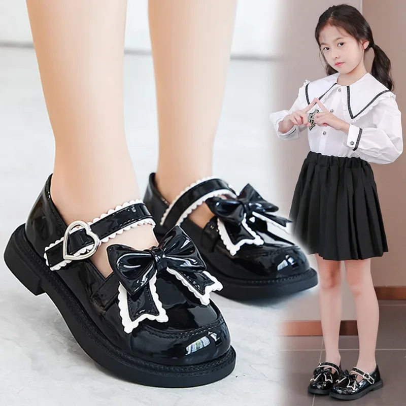 Girl Leather Shoes 2024 New Spring Fashion Bow Tie Kids Princess School Shoe Flat Heels Children\'s Dresses Shoe Black Size 27-37