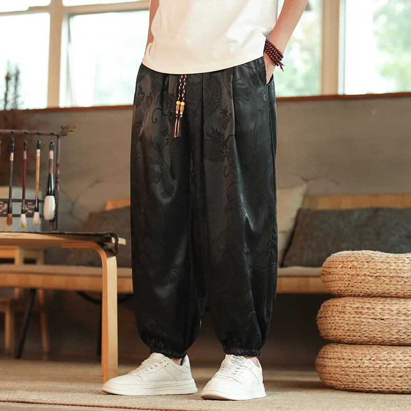 Neue männer Casual Hosen Japan Stil Lose Hosen Sommer Eis Seide Drachen Dunkle Blume Hosen Outdoor High Street Casual Kordelzug – Detail 9