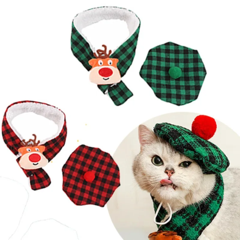 Winter Pet Scarf with 3D Antlers Matching Hat Polyester Xmas Cat Small Dog Plaid Scarf & Hat Warmer Christmas Pet Costume Set