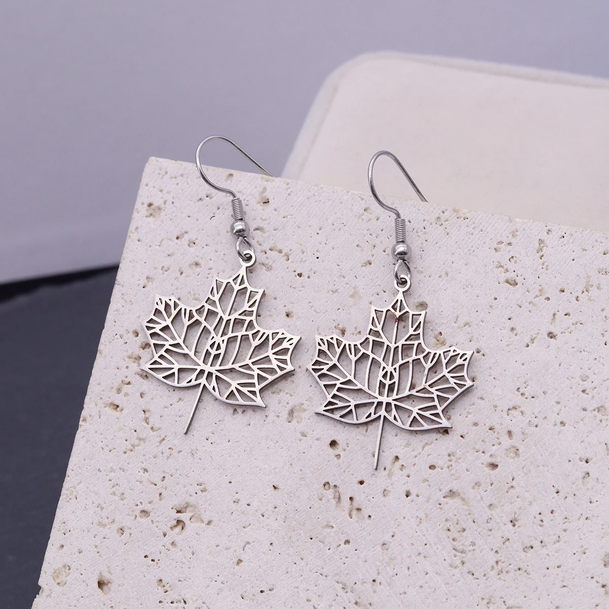 Kinitial Bohemian Stainless Steel Hollowed Out Maple Leaf Pendant Dangle Earrings Autumn Themed Jewelry Gifts For Women Girl