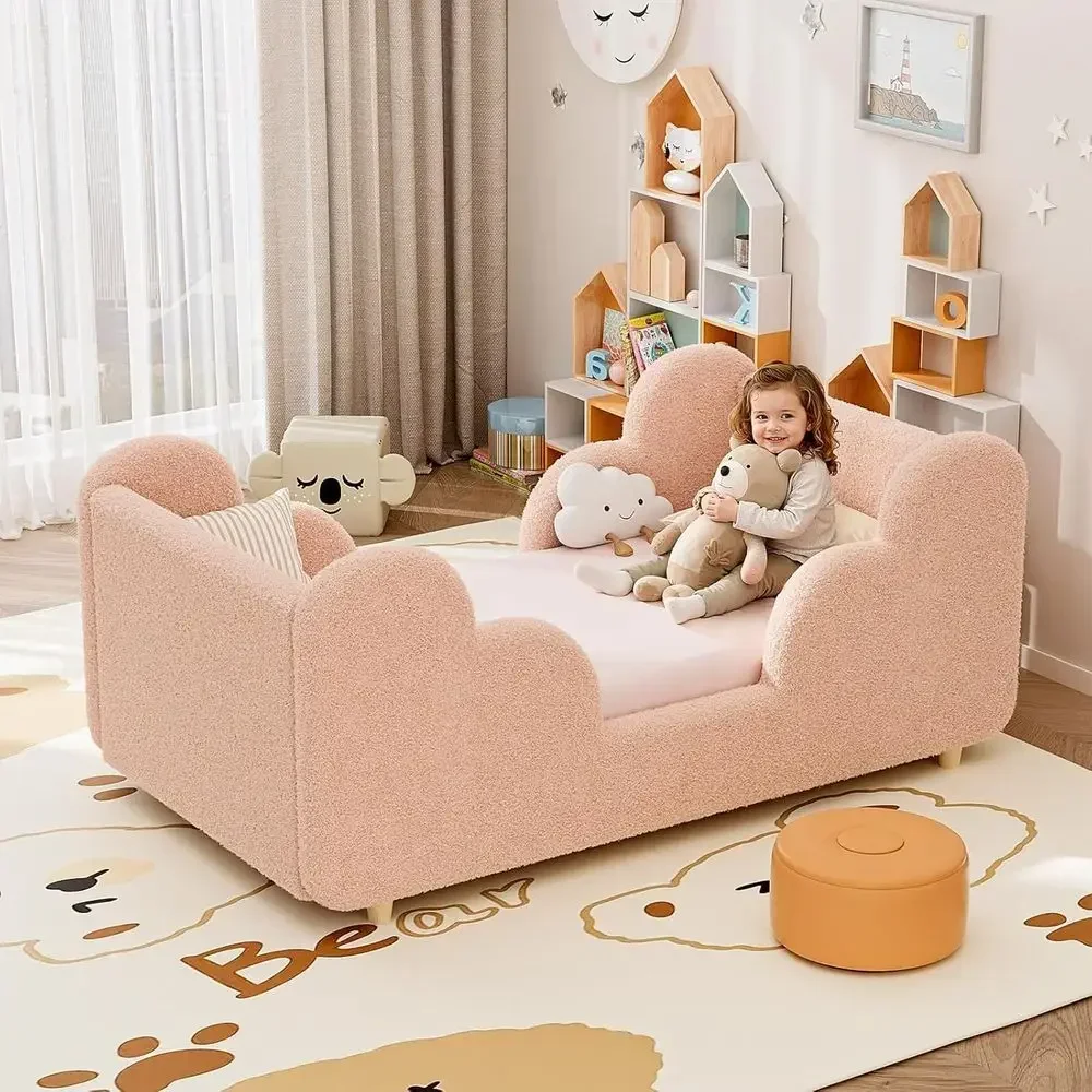 Cama Infantil Rosa Tamaño Cuna con Barandas de Seguridad Acolchadas para Niños de 3 a 7 Años