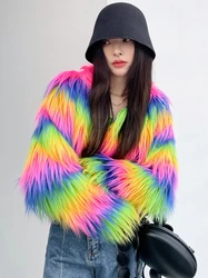 Streetwear Rainbow Striped Faux Fur Coat Women Imitation Goat Wool Luxury Furry Jacket Top Club 2022 Autumn Winter New Clothes