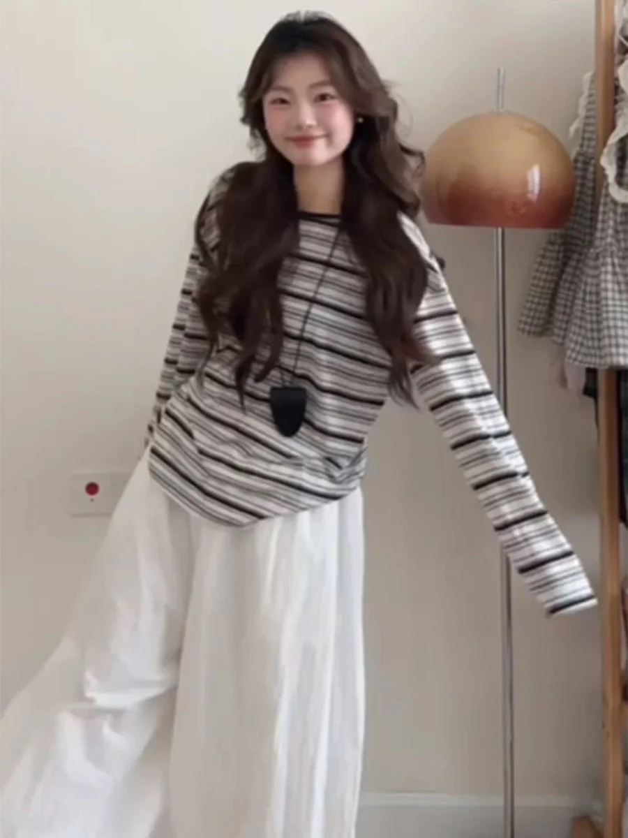 Slimming Striped Color Blo Long Sve Women's T-irt Spring Autumn Loose Lazy Sle Base irt Top Small Size Korean Faion