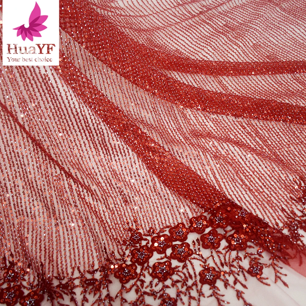 1 Yard Hot-selling Red African Beaded Sequins Fabric Mesh Lace Bride Simple Evening Dress Materials HY2488