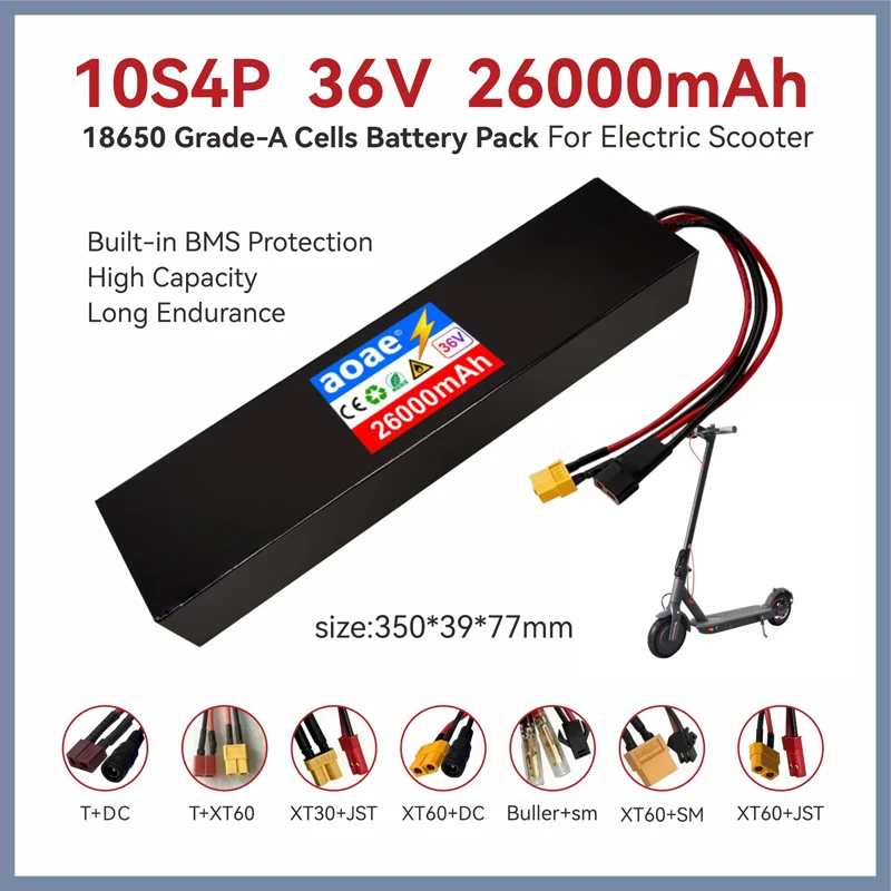 

36V Electric Scooter Battery 10S4P 26Ah 18650 Grade-A Cells M365 for 500W-1000W Built-in BMS XT60 JST High Capacity Long Range